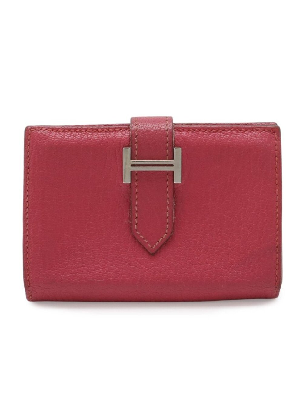 Hermes Bearn Card Case Business Chevre Leather Fuchsia Pink Silver